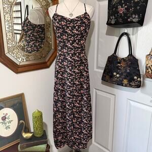 VTG 90s Next Time Black & Pink Floral Button Down Maxi Dress w Lace Up Back M